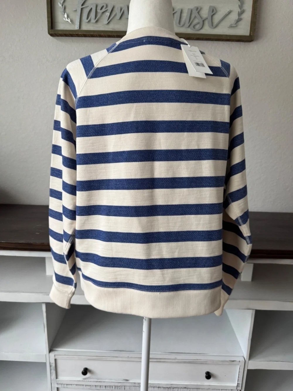 NWT Tory Burch Striped Cotton Sweatshirt New Ivory Basin Stripe Women's L